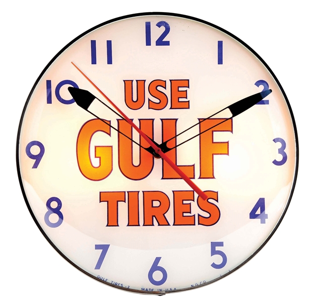 USE GULF TIRES LIGHT UP SERVICE STATION DISPLAY CLOCK.