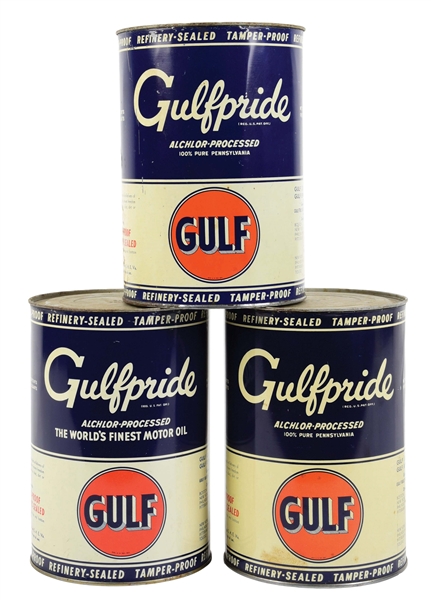 COLEECTION OF 3: GULFPRIDE ALCHLOR-PROCESSED THE WORLDS FINEST MOTOR OIL 5 U.S. QTS. CANS.