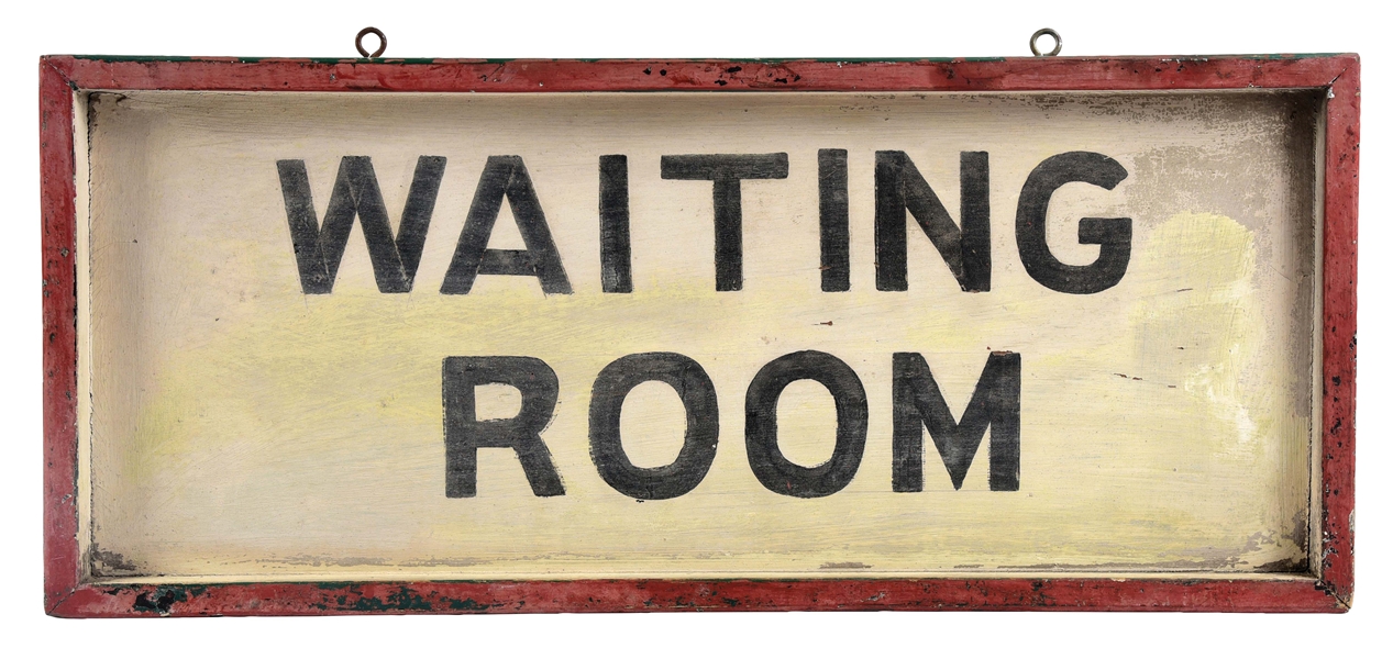 OUTSTANDING "WAITING ROOM" HAND PAINTED WOODEN SIGN W/ ORIGINAL FRAMING. 