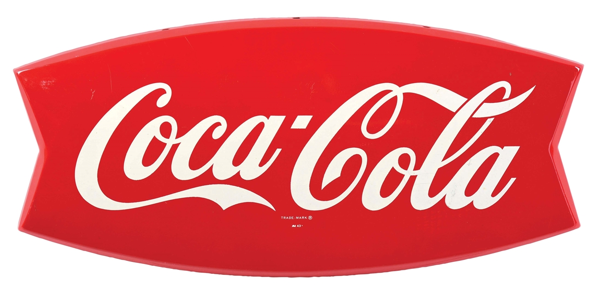 N.O.S. COCA COLA EMBOSSED TIN FISHTAIL SIGN. 