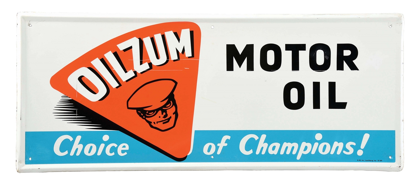 OILZUM MOTOR OIL "CHOICE OF CHAMPIONS" SELF FRAMED TIN SIGN W/ OSWALD GRAPHIC. 