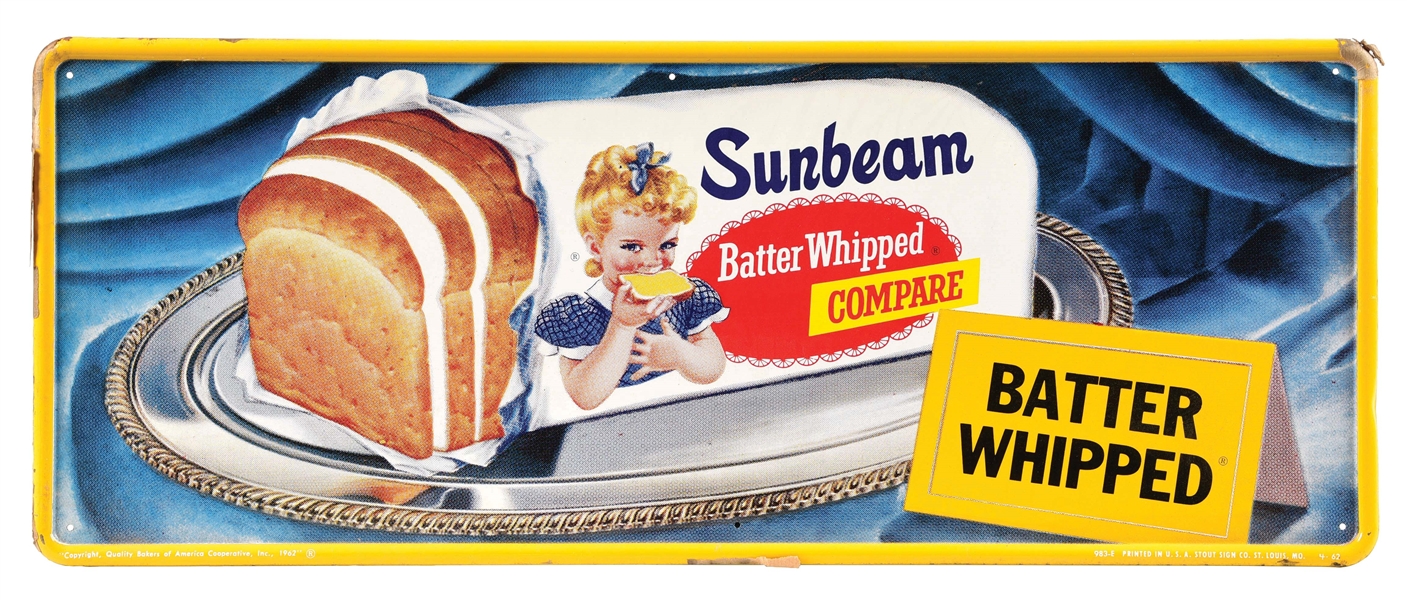 SUNBEAM BATTER WHIPPED BREAD SELF-FRAMED EMBOSSED TIN SIGN W/ BREAD LOAF GRAPHIC.