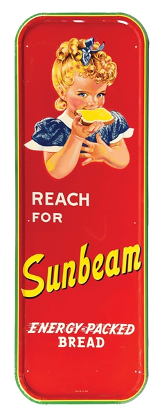 REACH FOR SUNBEAM ENERGY PACKED BREAD SELF-FRAMED EMBOSSED TIN SIGN W/ SUNBEAM GIRL GRAPHIC.