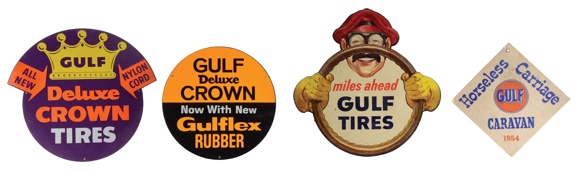 COLLECTION OF 4: GULF TIN & CARDBOARD SERVICE STATION ADVERTISEMENTS. 