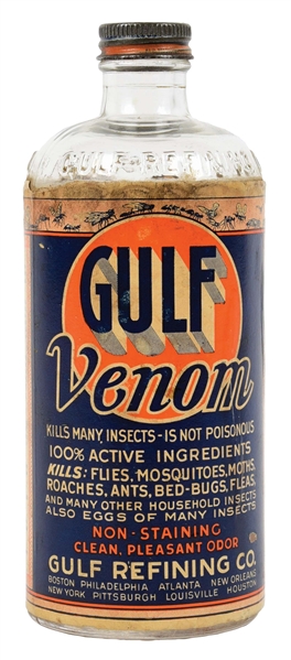RARE GULF VENOM INSECT KILLER GLASS PINT BOTTLE W/ EARLY PAPER LABEL. 