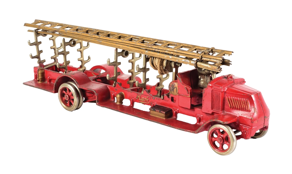 CAST IRON AN ARCADE TOY FIRETRUCK WITH LADDERS AND DRIVER.