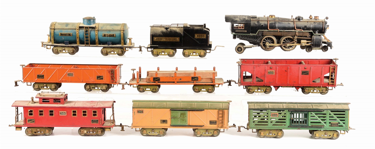 AMERICAN FLYER STANDARD GAUGE PIED PIPER WITH ASSORTED FREIGHT CARS.
