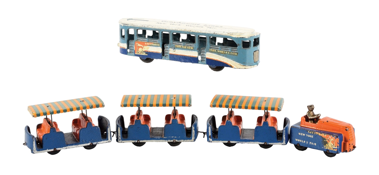 LOT OF 5: NEW YORK WORLDS FAIR TROLLY AND GREYHOUND BUS.