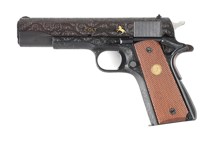 (C) EXTENSIVELY ENGRAVED COLT SUPER 38 SEMI-AUTOMATIC PISTOL WITH BOX.