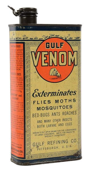 GULF VENOM INSECT SPRAY ONE QUART FLAT CAN W/ EARLY HORSE GRAPHIC. 