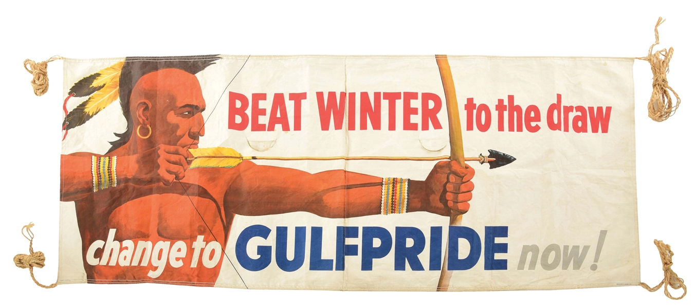 OUTSTANDING GULF "BEAT WINTER TO THE DRAW" SERVICE STATION BANNER W/ NATIVE AMERICAN GRAPHIC. 