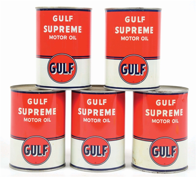 COLLECTION OF 5: N.O.S. GULF SUPREME MOTOR OIL ONE QUART CANS. 