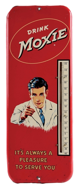"DRINK MOXIE" TIN ADVERTISING THERMOMETER W/ PHARMACIST GRAPHIC. 