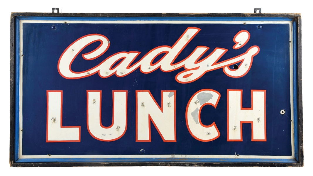 CADYS LUNCH HAND PAINTED TIN SIGN W/ ORIGINAL WOODEN FRAME. 