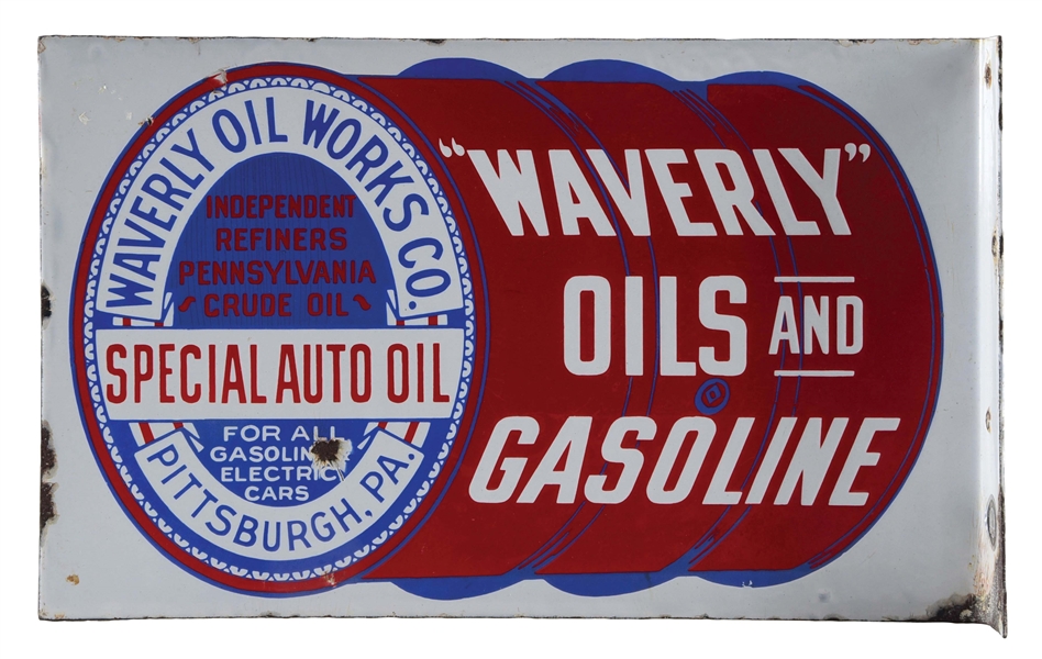 "WAVERLY" OILS AND GASOLINE PORCELAIN FLANGE SIGN W/ OIL BARRELL GRAPHIC..