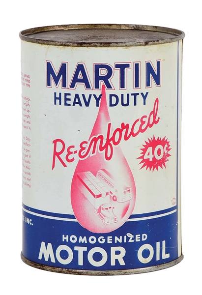 MARTIN HEAVY DUTY RE-ENFORCED 40¢ MOTOR OIL ONE QUART CAN W/ TRUCK & BUS GRAPHIC. 
