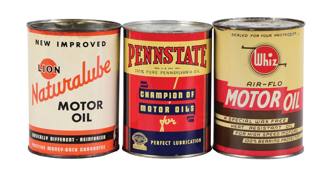 COLLECTION OF 3: WHIZ, PENNSTATE & LION NATURALUBE ONE QUART CANS. 