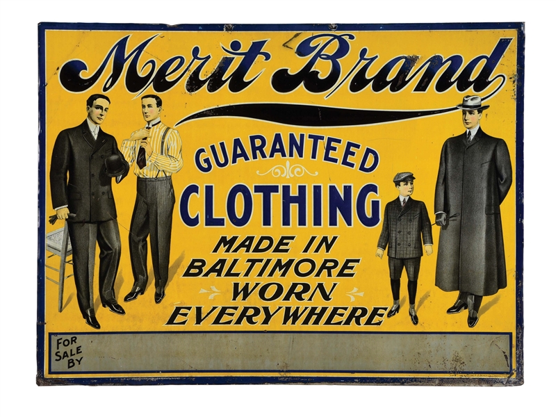 MERIT BRAND CLOTHING EMBOSSED TIN SIGN W/ TAILORED MEN AND BOY GRAPHIC.