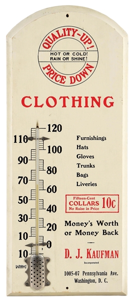 "QUALITY UP PRICE DOWN" CLOTHING STORE WOODEN THERMOMETER.