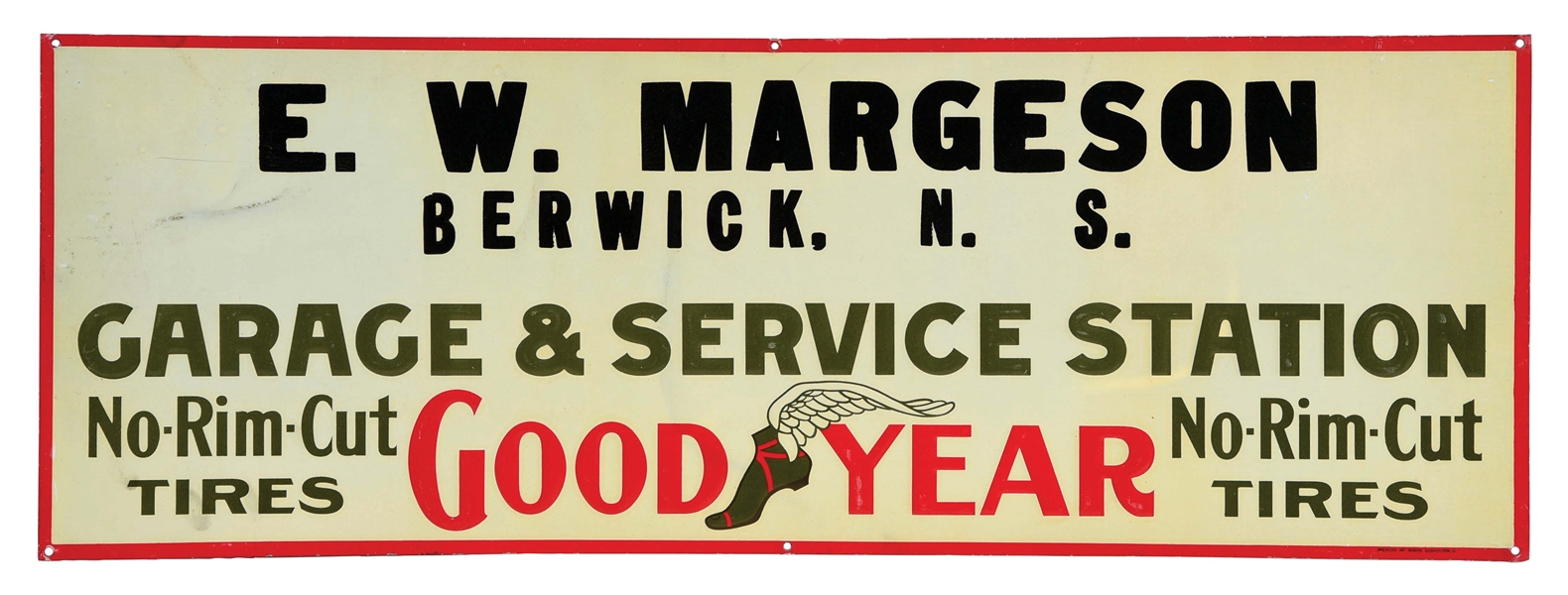 RARE GOODYEAR TIRES GARAGE & SERVICE STATION EMBOSSED TIN SIGN W/ EARLY WINGED FOOT GRAPHIC. 
