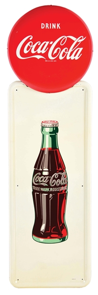 OUTSTANDING DRINK COCA-COLA TIN PILASTER SIGN W/ BUTTON & BOTTLE GRAPHIC. 