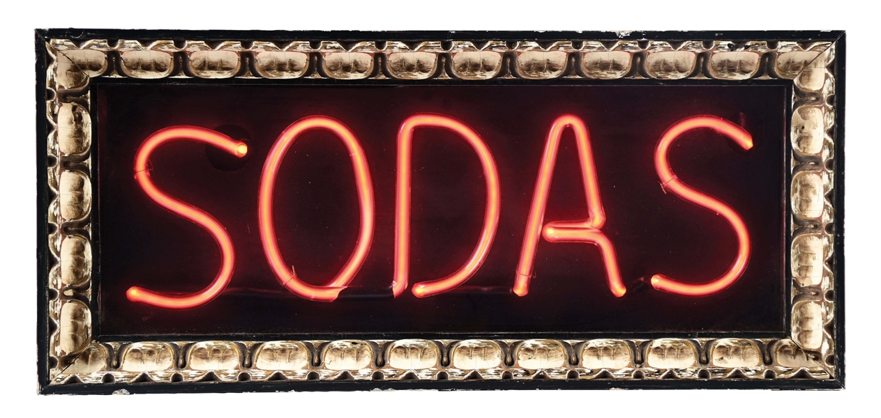 "SODAS" NEON CABINET SIGN W/ ORNATE WOOD FRAMING & METAL BODY. 