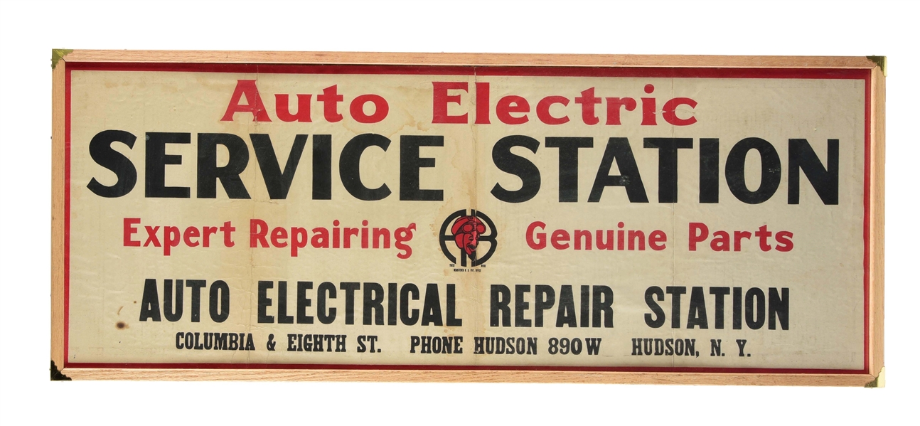 RARE BOSCH AUTO ELECTRIC SERVICE STATION FRAMED SIGN W/ DRIVER GRAPHIC. 