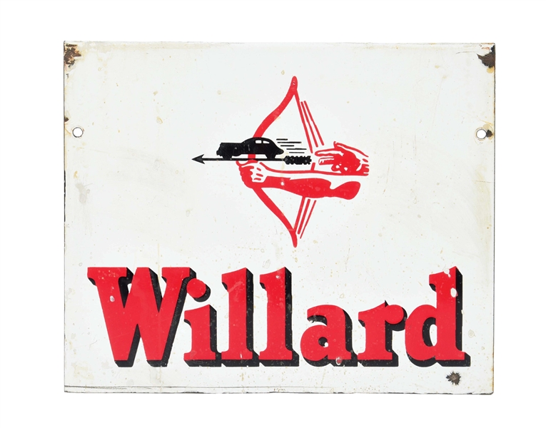 WILLARD BATTERIES PORCELAIN RACK SIGN W/ BOW & ARROW GRAPHIC. 