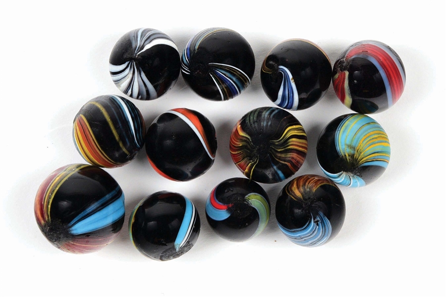 LOT OF 12: INDIAN SWIRL MARBLES.