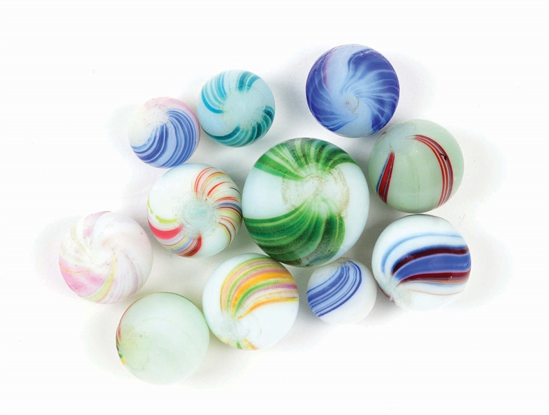 LOT OF 11: BANDED OPAQUE MARBLES.
