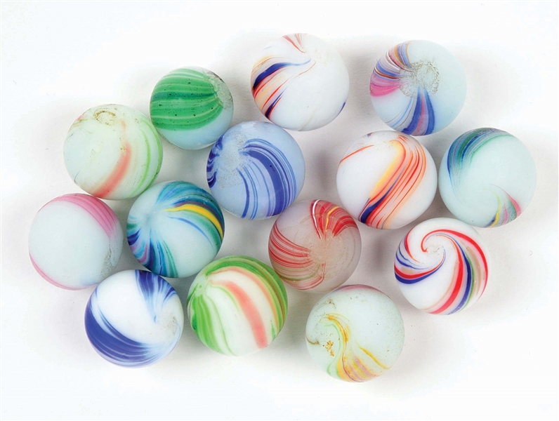 LOT OF 14: BANDED OPAQUE MARBLES.