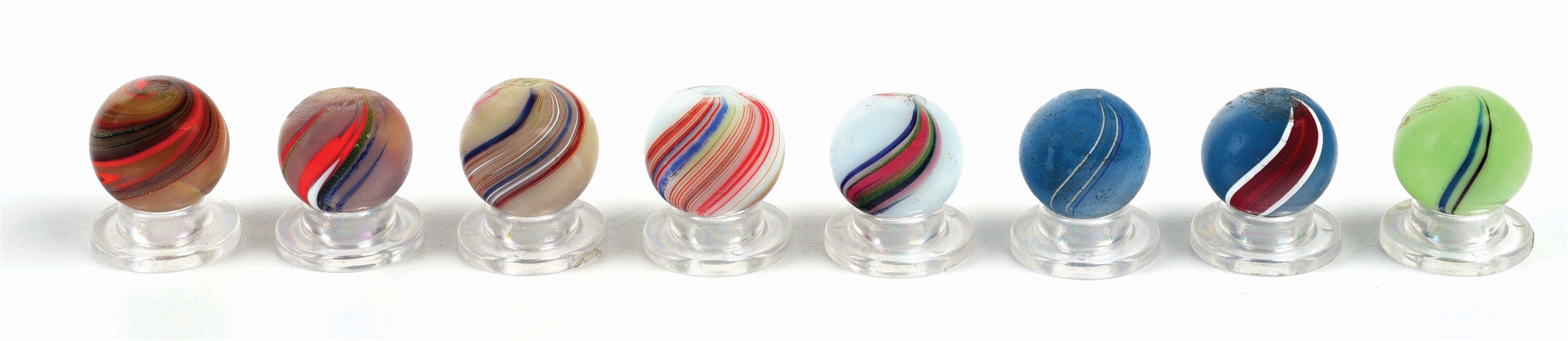 LOT OF 8: BANDED OPAQUE MARBLES.