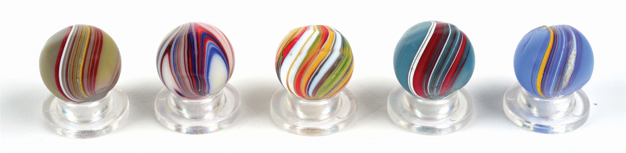 LOT OF 5: BANDED OPAQUE MARBLES.