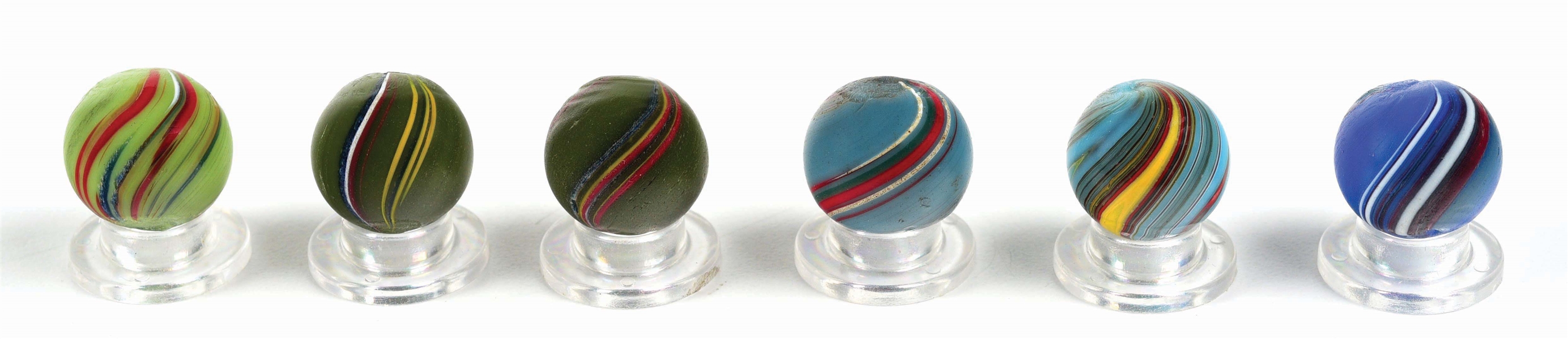 LOT OF 6: BANDED OPAQUE MARBLES.