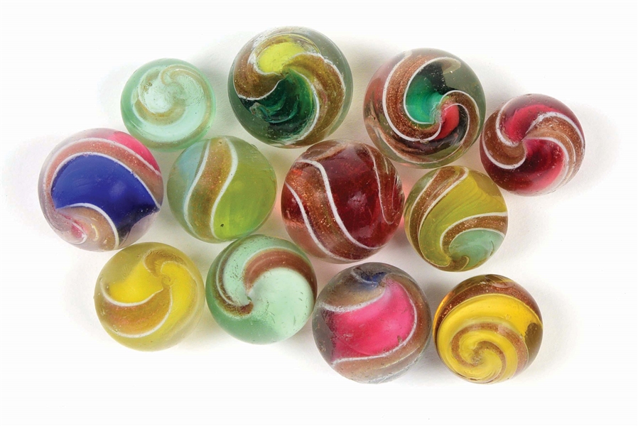LOT OF 12: RIBBON LUTZ MARBLES.
