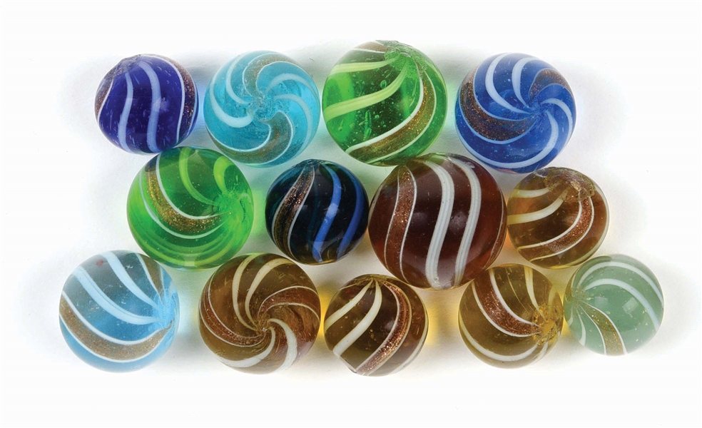 LOT OF 13: COLORED GLASS BANDED LUTZ MARBLES.