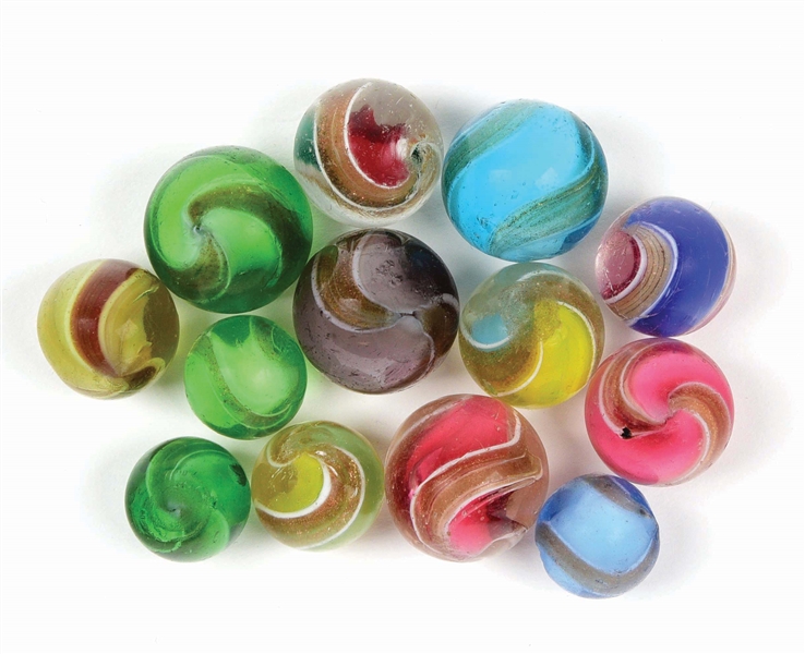 LOT OF 13: RIBBON LUTZ MARBLES.