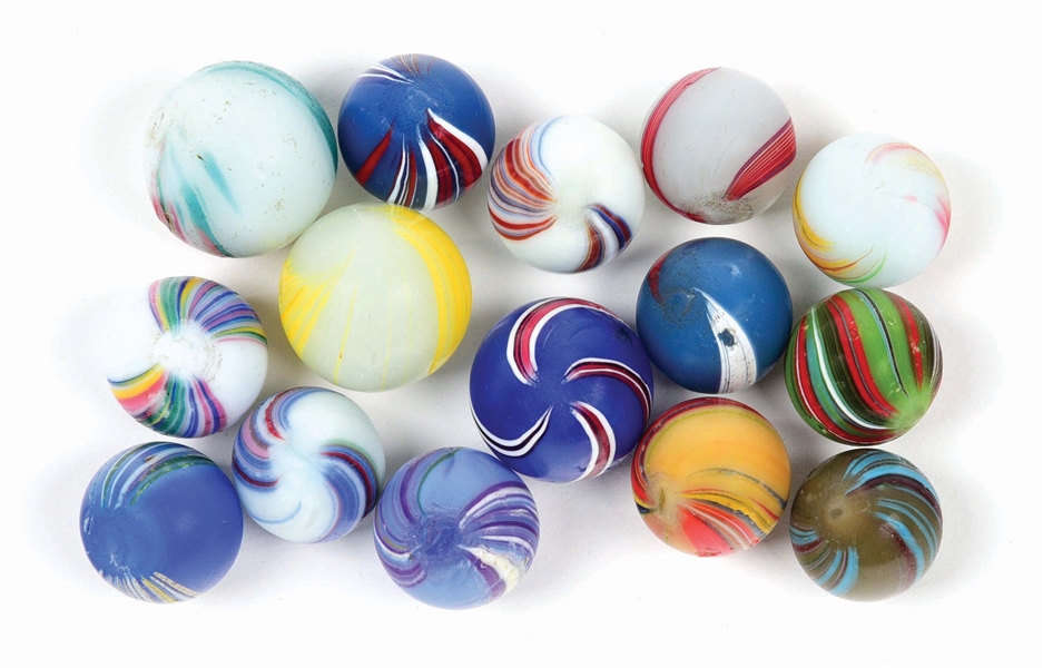 LOT OF 15: BANDED OPAQUE SWIRL MARBLES.