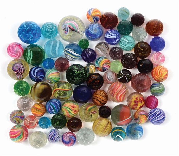 LOT OF APPROXIMATELY 71 HANDMADE MARBLES.
