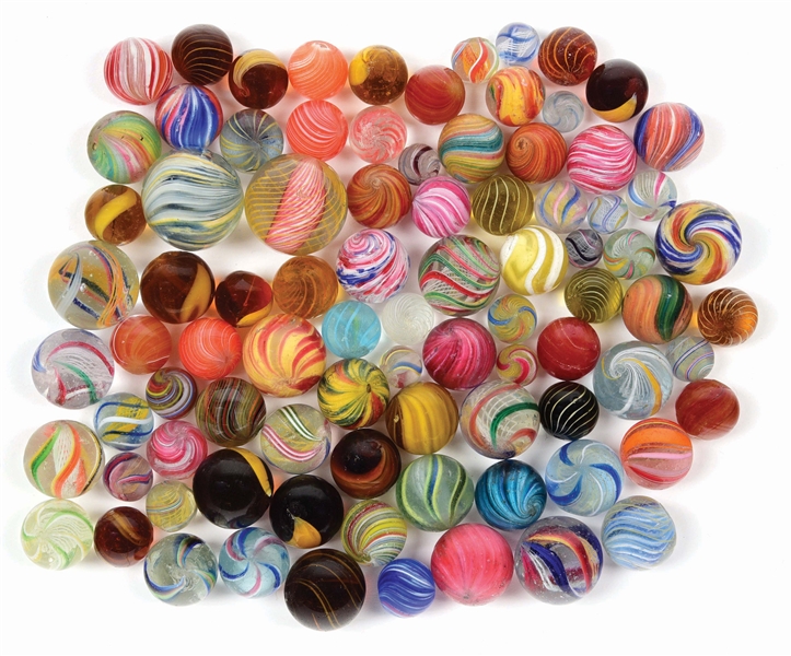 LOT OF APPROXIMATELY 85 HANDMADE MARBLES.