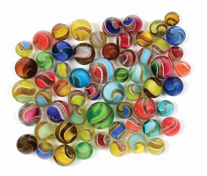 LOT OF APPROXIMATELY 60 RIBBON LUTZ MARBLES.