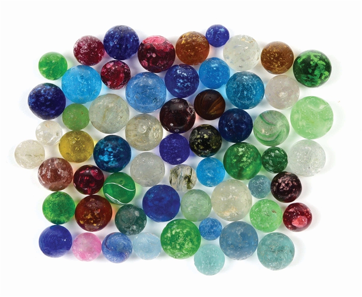 LOT OF APPROXIMATELY 59 MICA MARBLES.