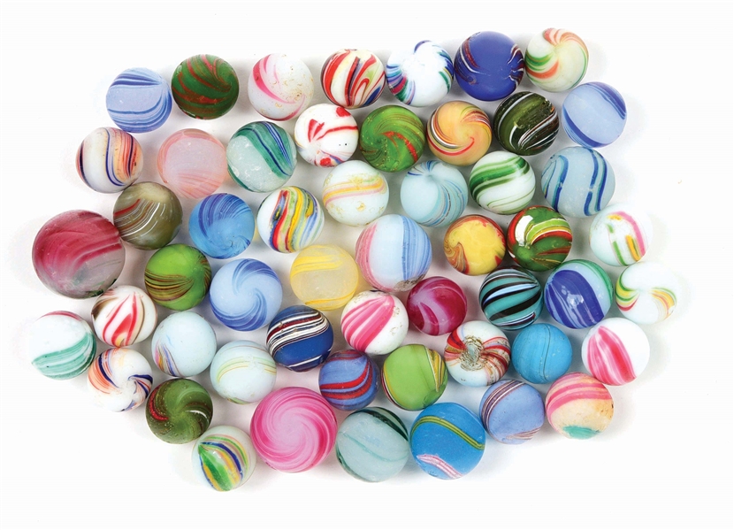 LOT OF APPROXIMATELY 53 HANDMADE MARBLES.