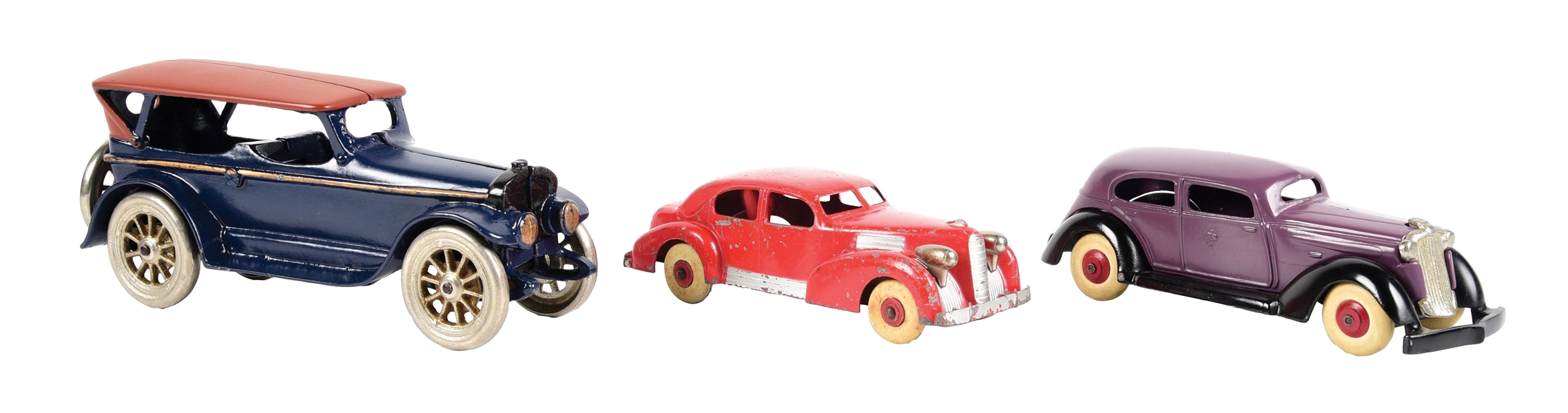 LOT OF 3: BLUE, RED AND PURPLE CAST IRON TOWN CARS.