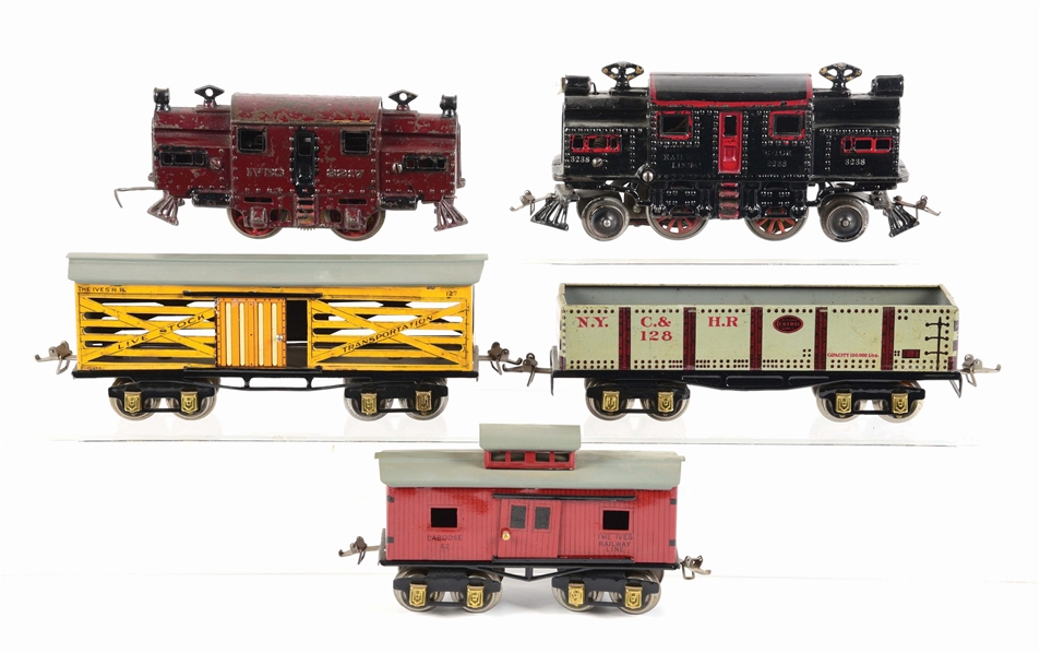 LOT OF 5: IVES LOCOMOTIVES & FREIGHT CARS.