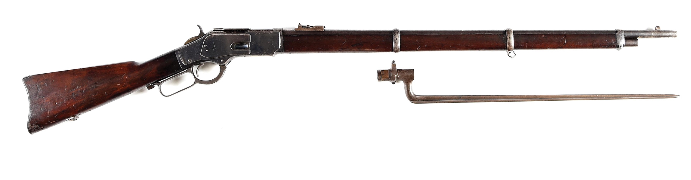 (A) WINCHESTER MODEL 1873 LEVER ACTION MUSKET WITH BAYONET.