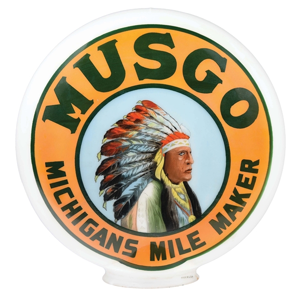 INCREDIBLE N.O.S. MUSGO "MICHIGANS MILE MAKER" GASOLINE ONE PIECE BAKED GLOBE W/ NATIVE AMERICAN GRAPHIC.