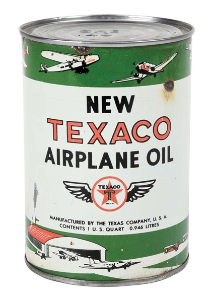 RARE TEXACO AIRPLANE OIL ONE QUART CAN W/ AIR STRIP GRAPHIC. 