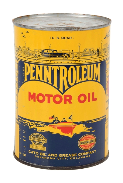 PENNTROLEUM MOTOR OIL ONE QUART CAN W/ BOATING & HIGHWAY SCENE. 