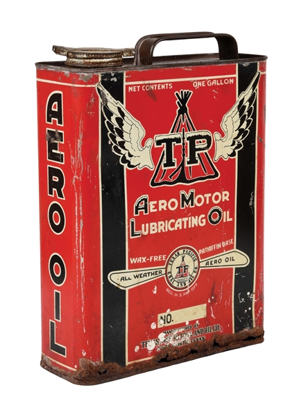 TEXAS PACIFIC AERO MOTOR OIL ONE GALLON FLAT CAN W/ TEEPEE & PROPELLER GRAPHIC. 
